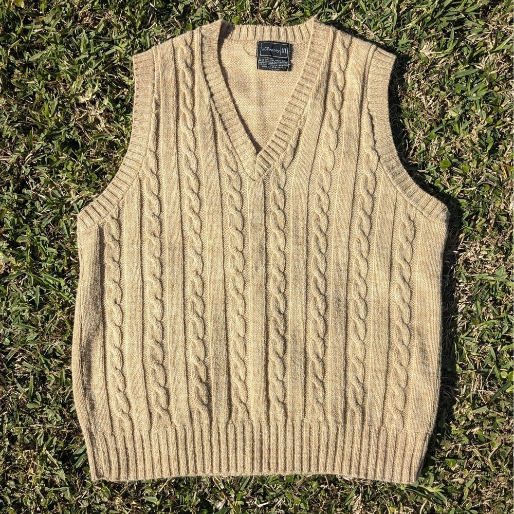 Vintage JCPenney Cable Knit Sweater Vest Men's L/XL Tan Preppy Fisherman V Neck